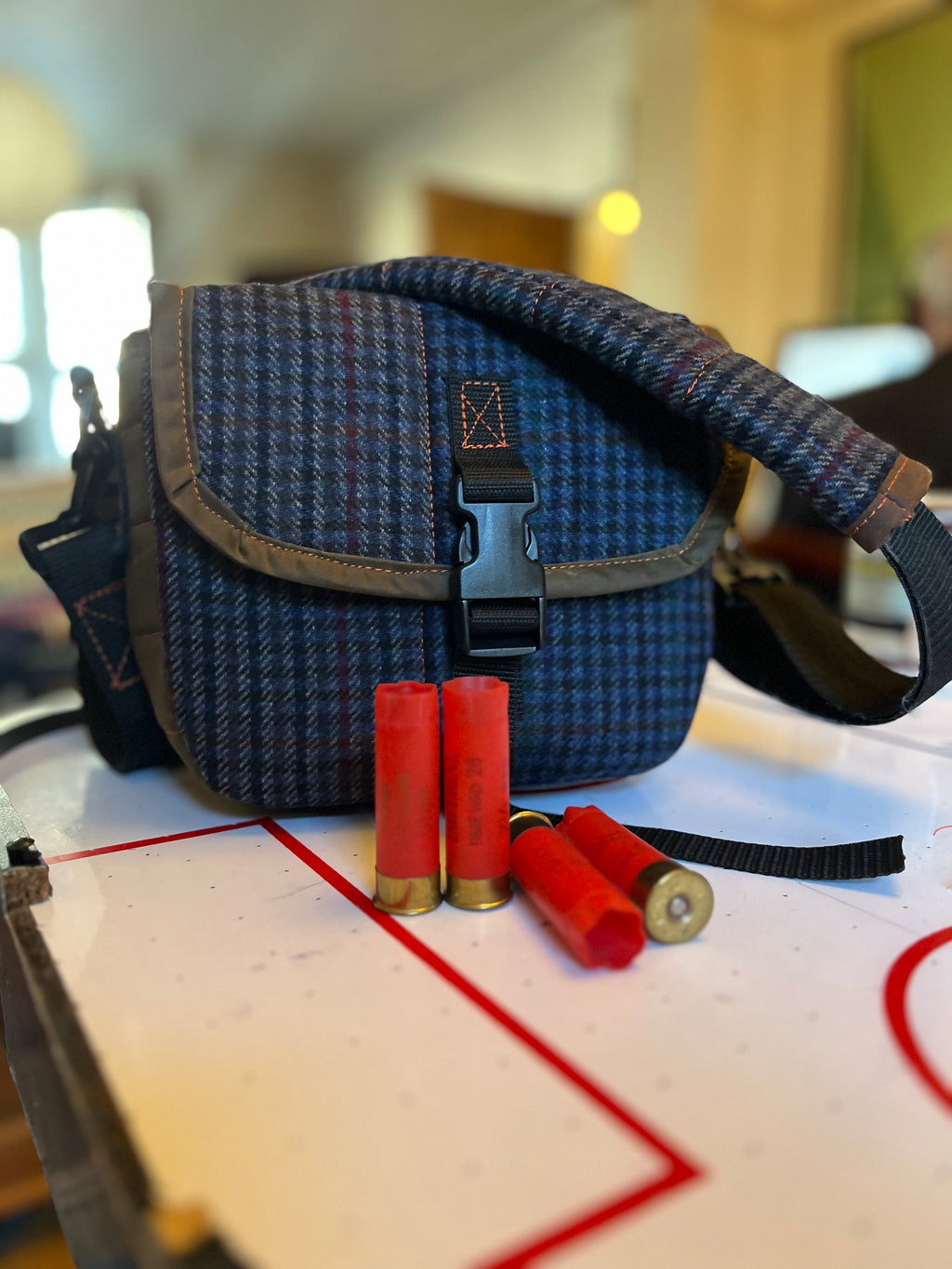 12G Shotgun shell satchel, or doggo walking satchel, one off tweed and waxcotton, padded case