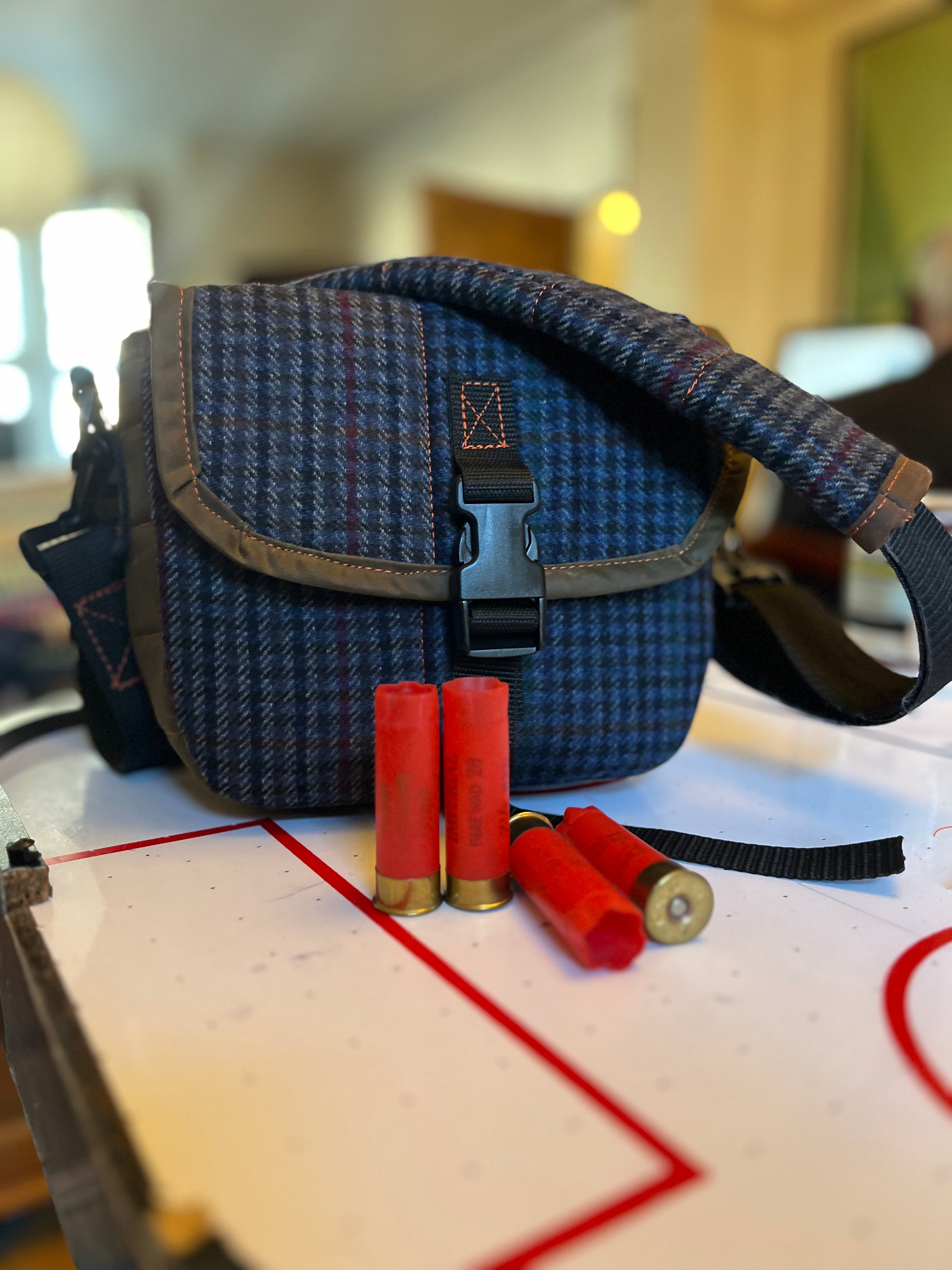 12G Shotgun shell satchel, or doggo walking satchel, one off tweed and waxcotton, padded case