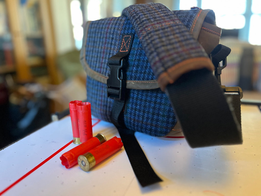 12G Shotgun shell satchel, or doggo walking satchel, one off tweed and waxcotton, padded case