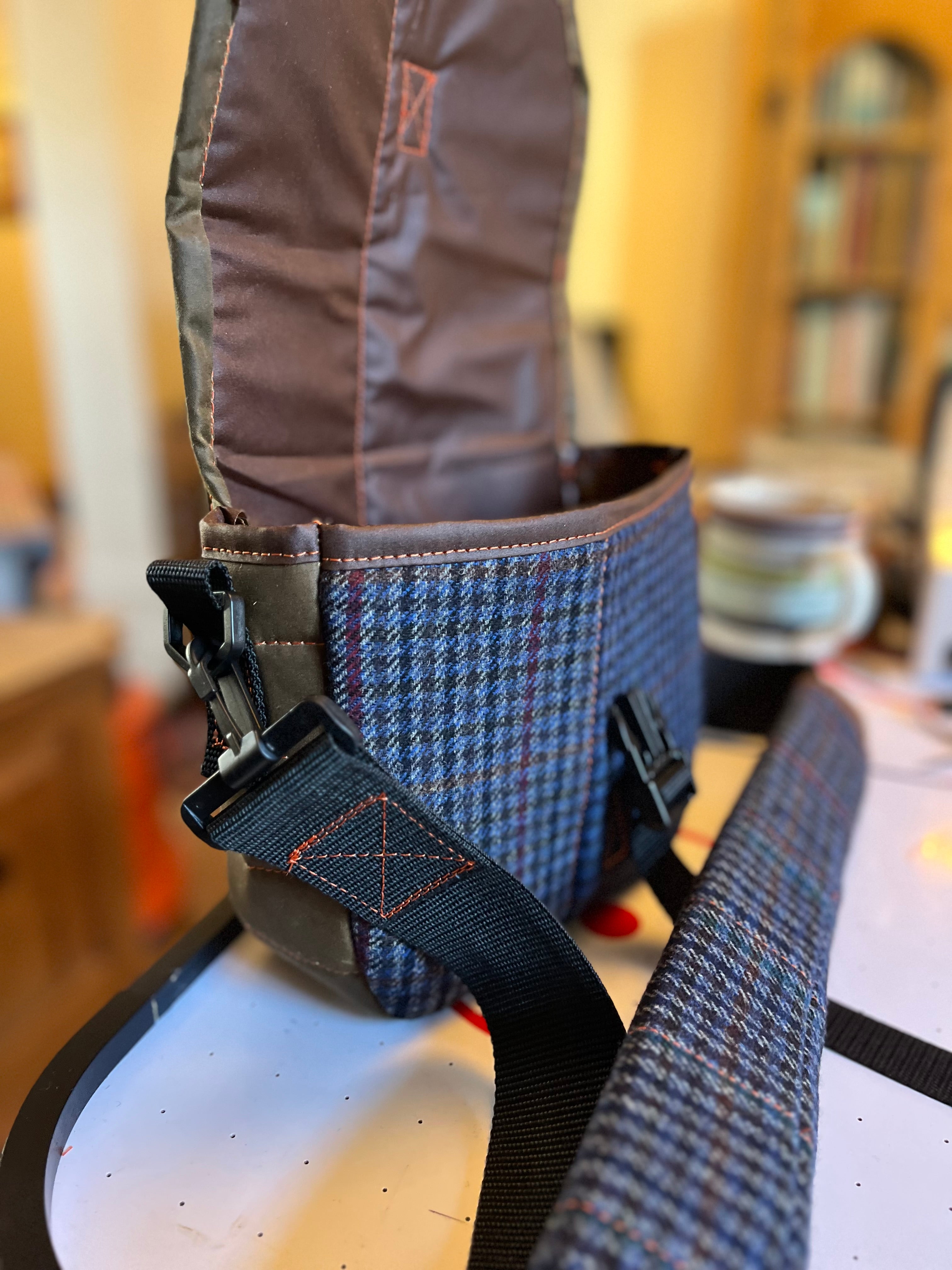 12G Shotgun shell satchel, or doggo walking satchel, one off tweed and waxcotton, padded case