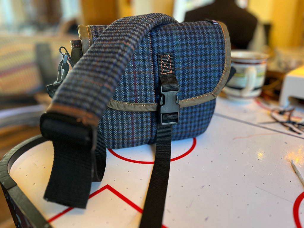 12G Shotgun shell satchel, or doggo walking satchel, one off tweed and waxcotton, padded case