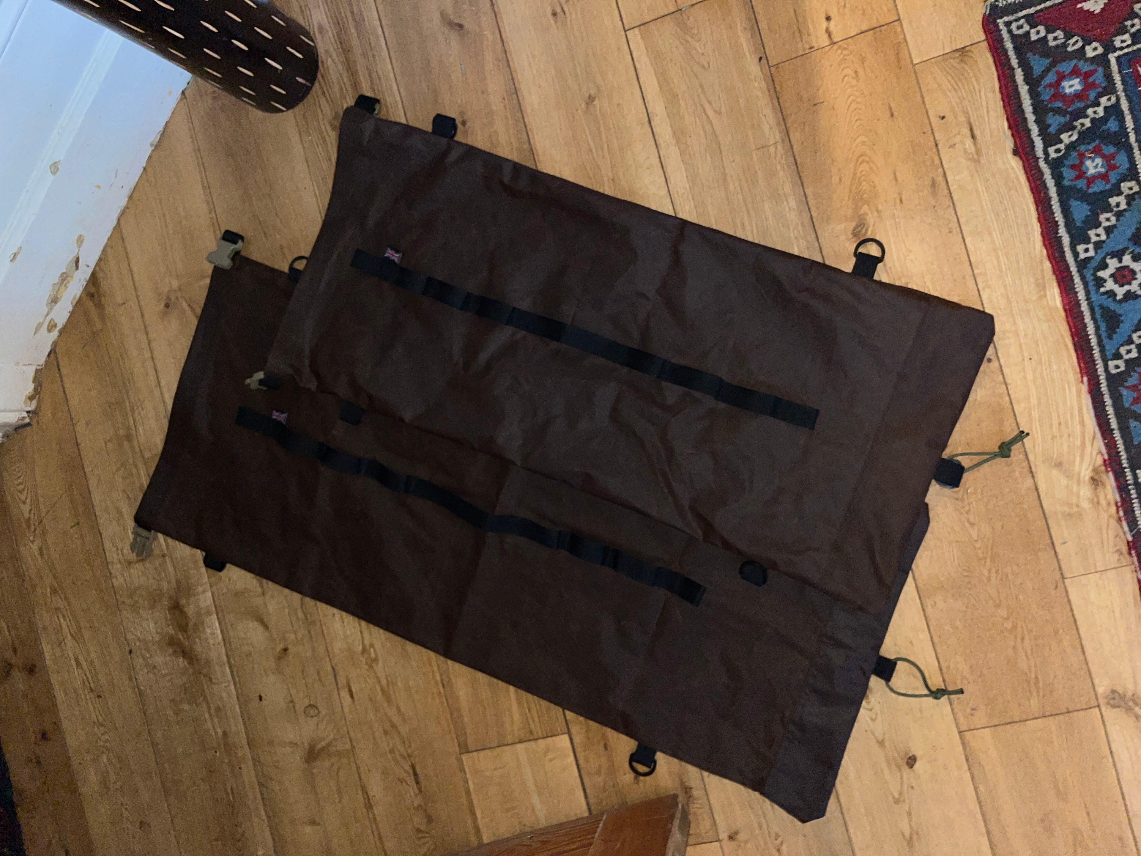 Large roll top wax cotton bags, with sling and gear hoops, made to spec