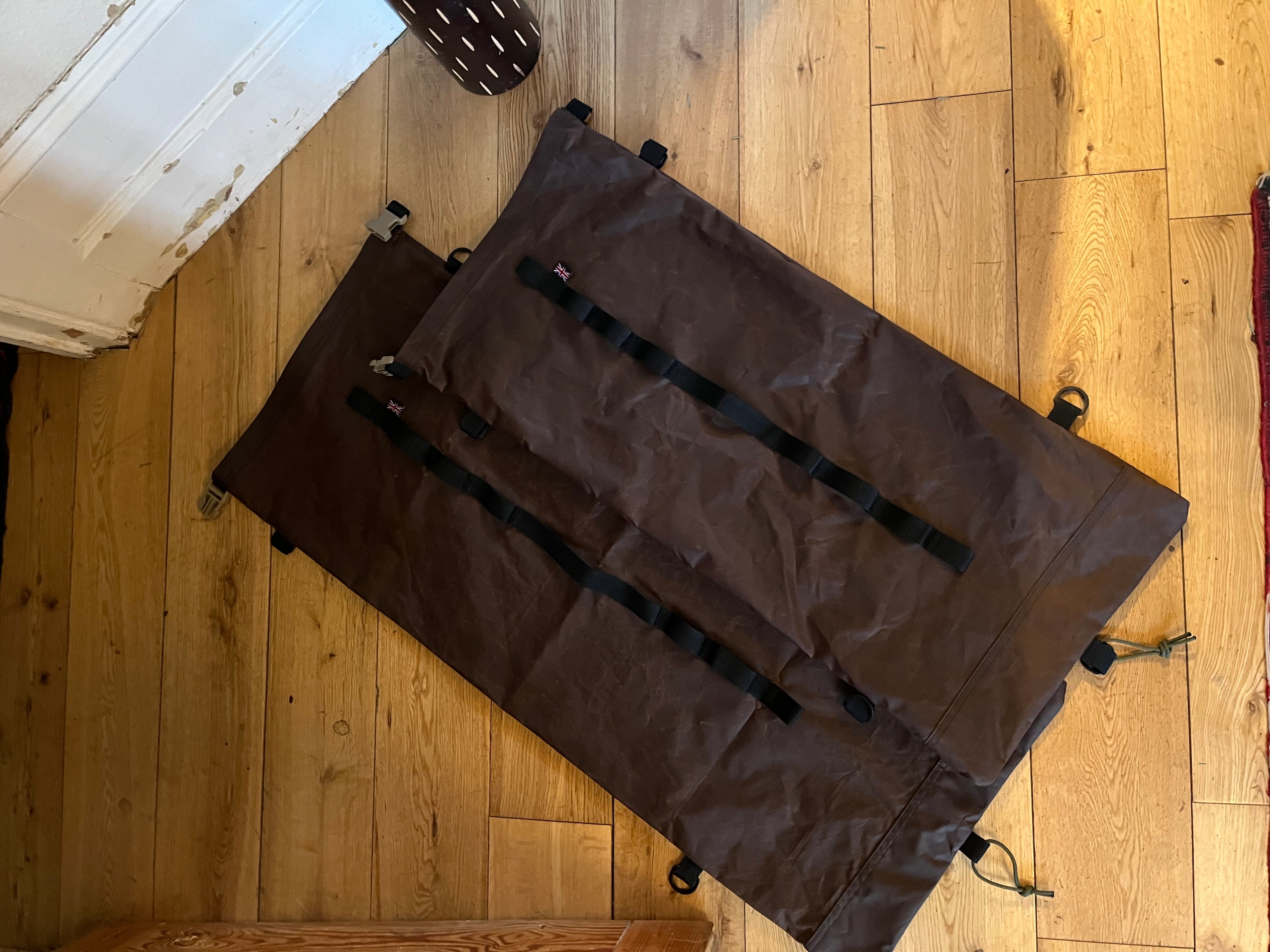 Large roll top wax cotton bags, with sling and gear hoops, made to spec