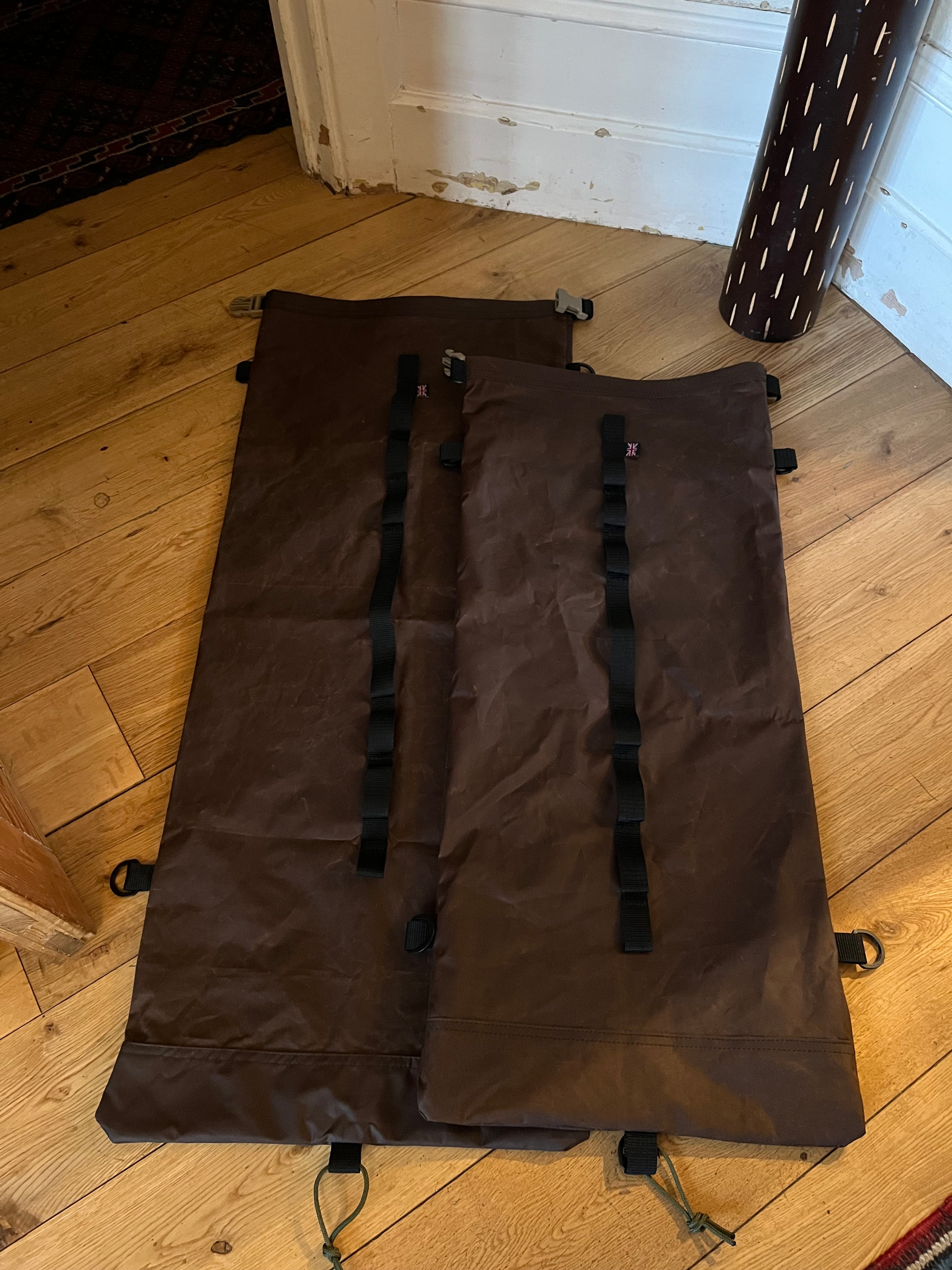 Large roll top wax cotton bags, with sling and gear hoops, made to spec
