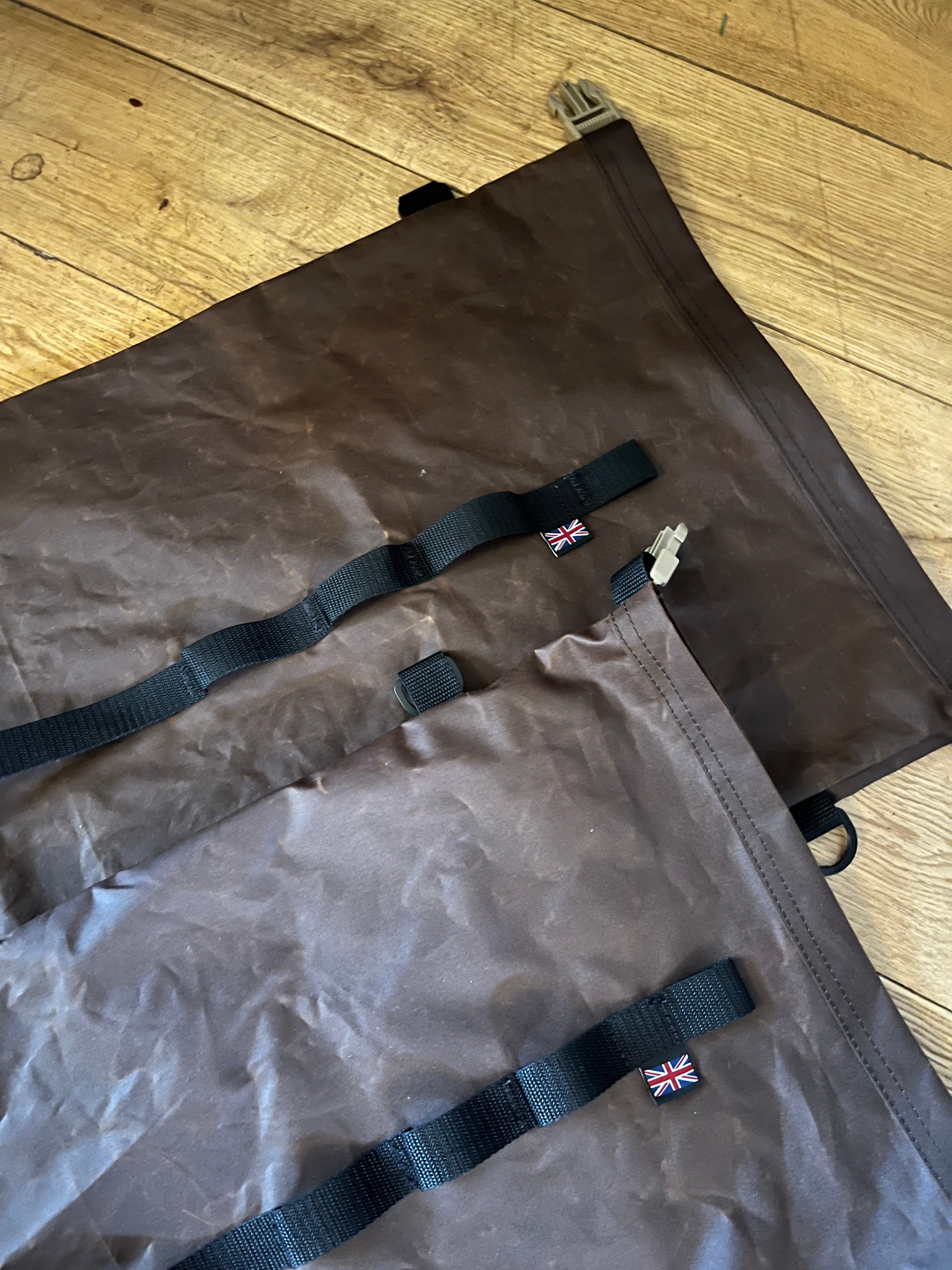 Large roll top wax cotton bags, with sling and gear hoops, made to spec