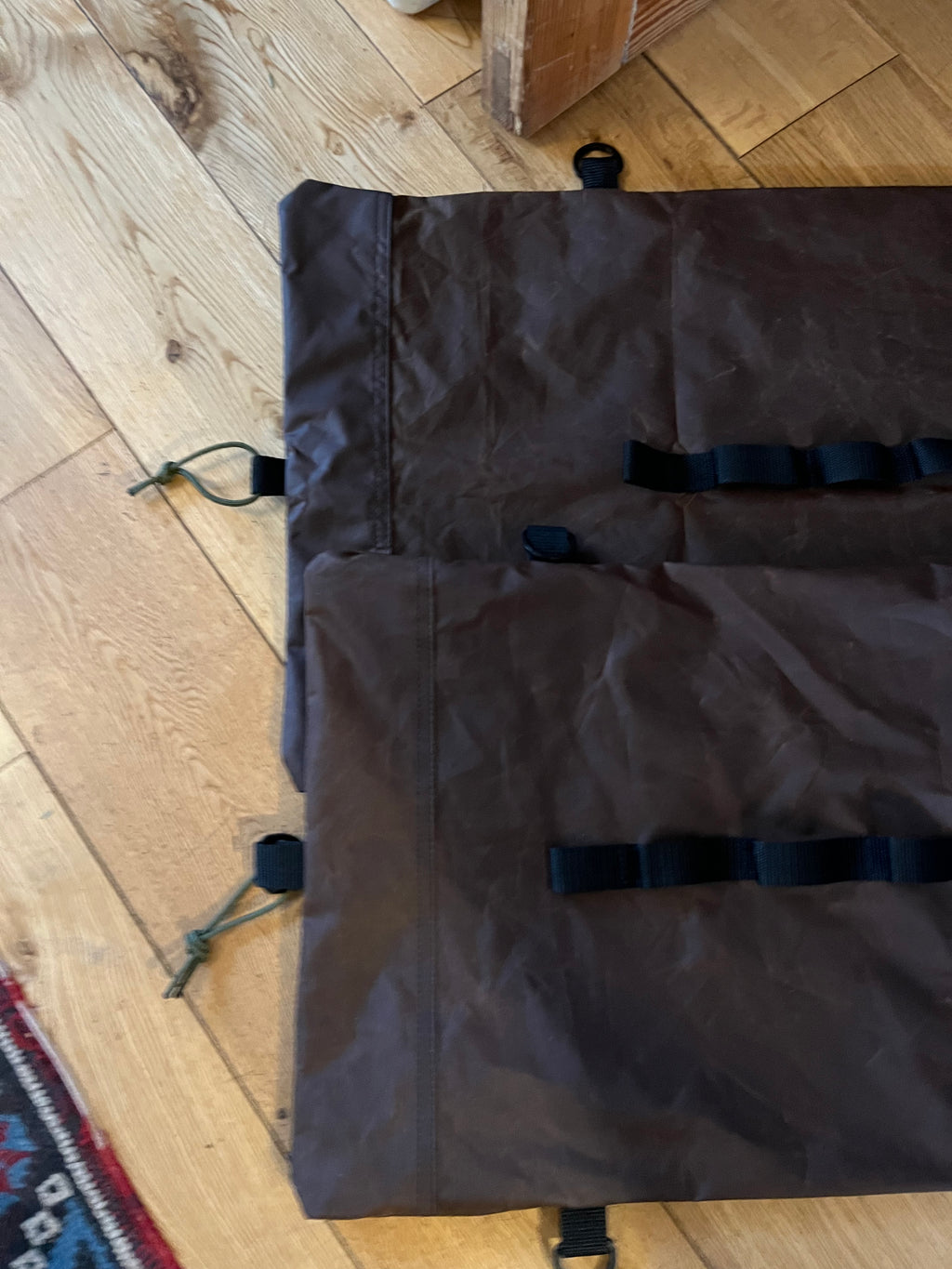 Large roll top wax cotton bags, with sling and gear hoops, made to spec