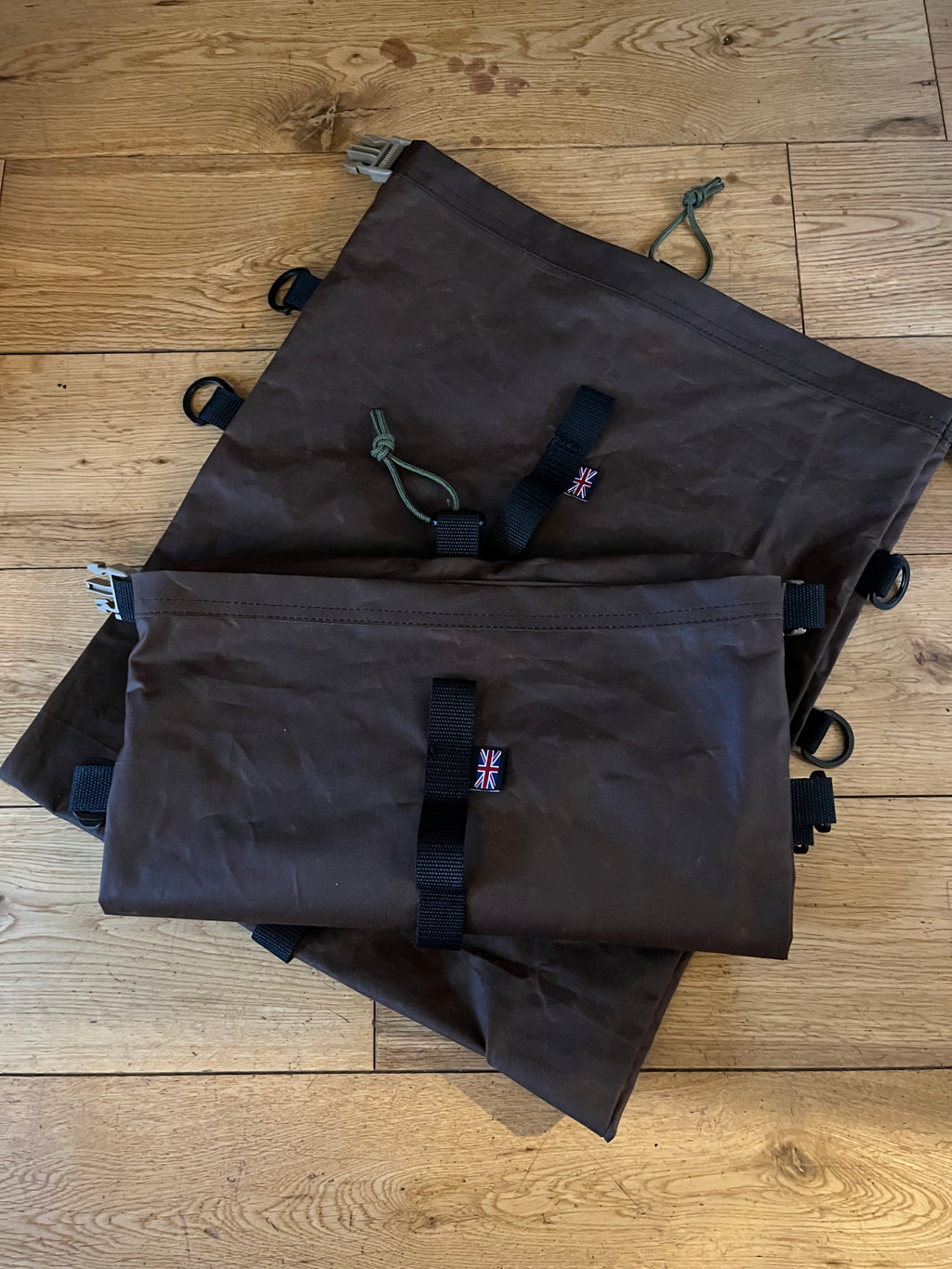 Large roll top wax cotton bags, with sling and gear hoops, made to spec