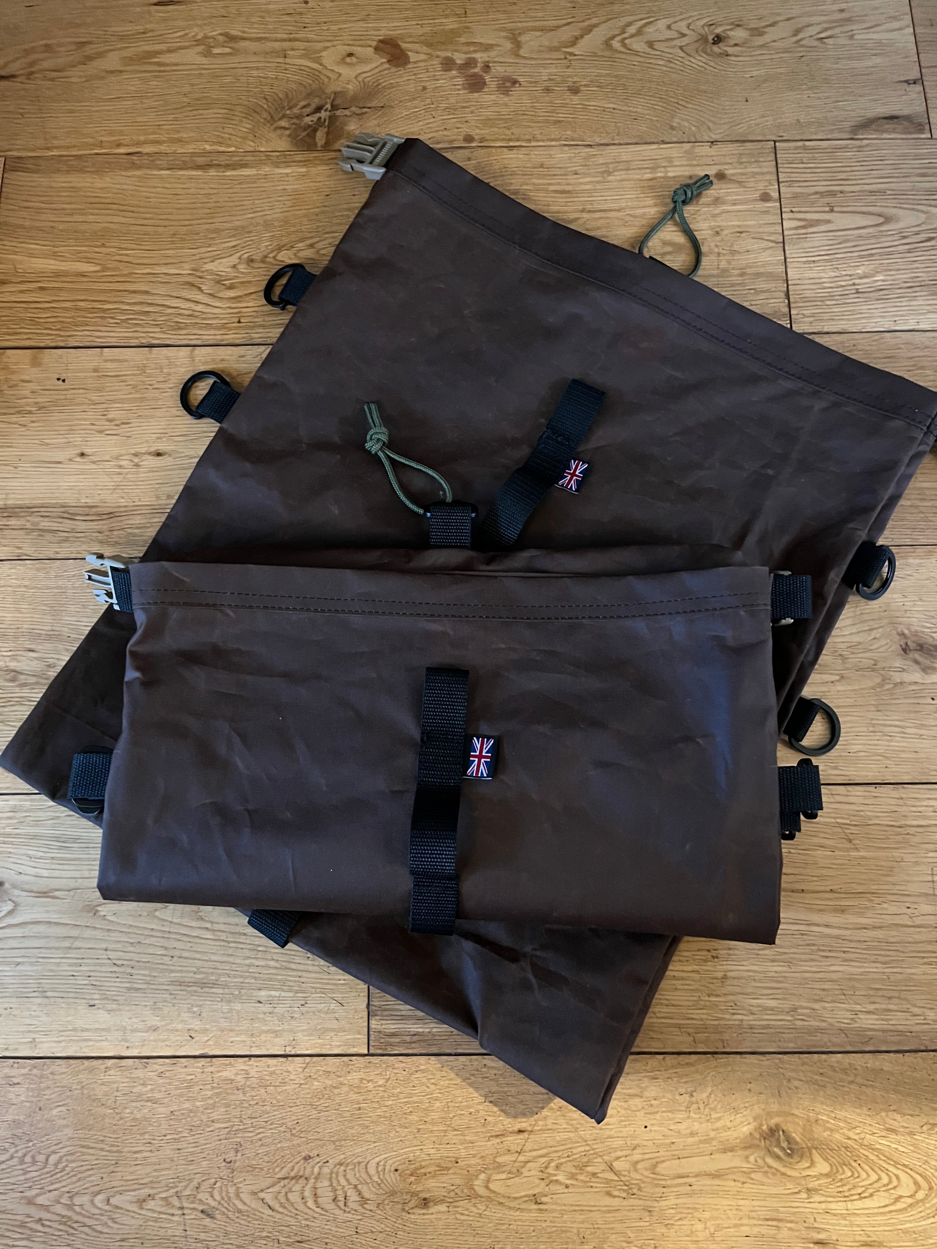 Large roll top wax cotton bags, with sling and gear hoops, made to spec
