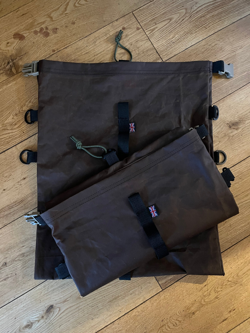 Large roll top wax cotton bags, with sling and gear hoops, made to spec