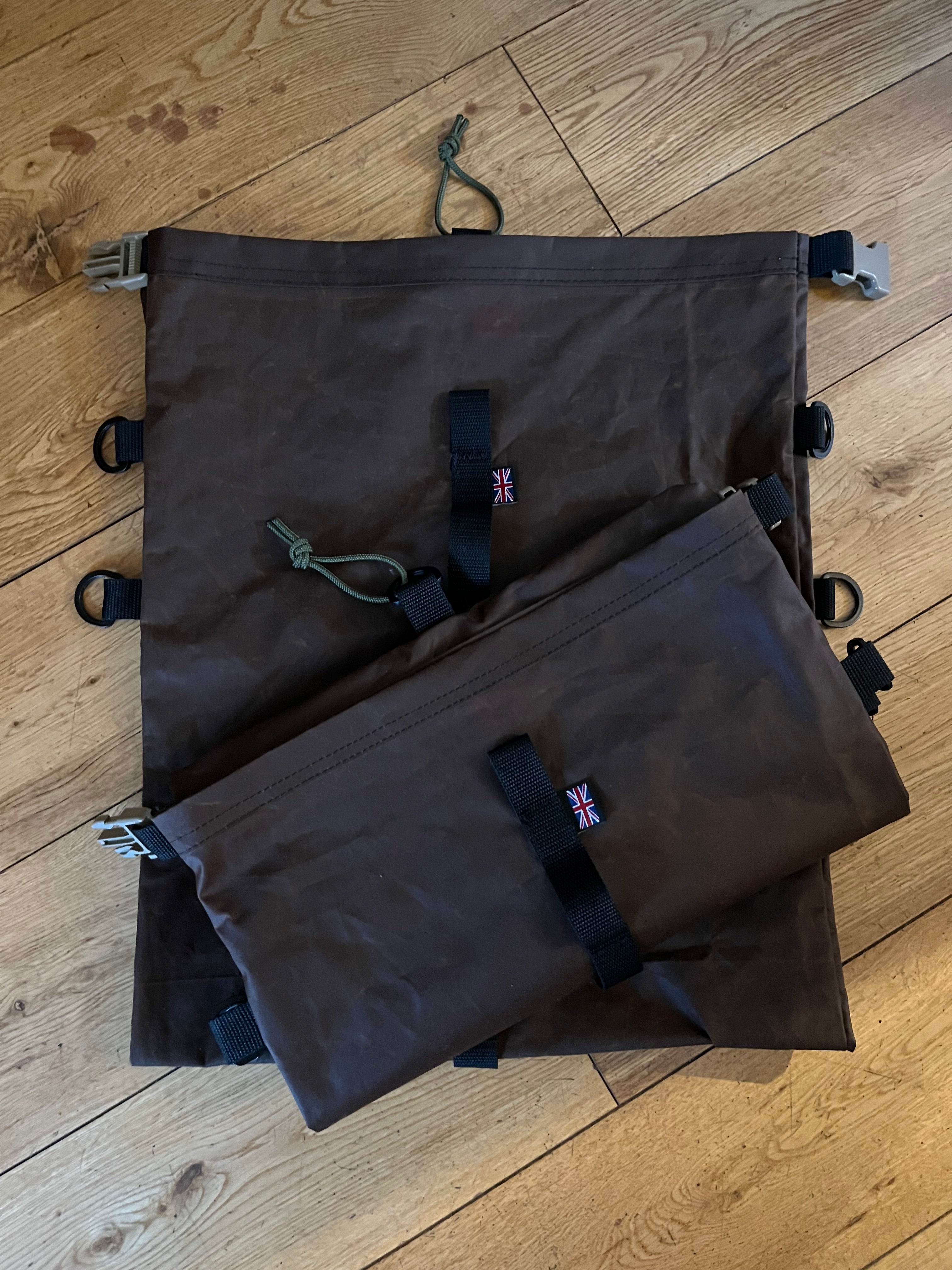 Large roll top wax cotton bags, with sling and gear hoops, made to spec
