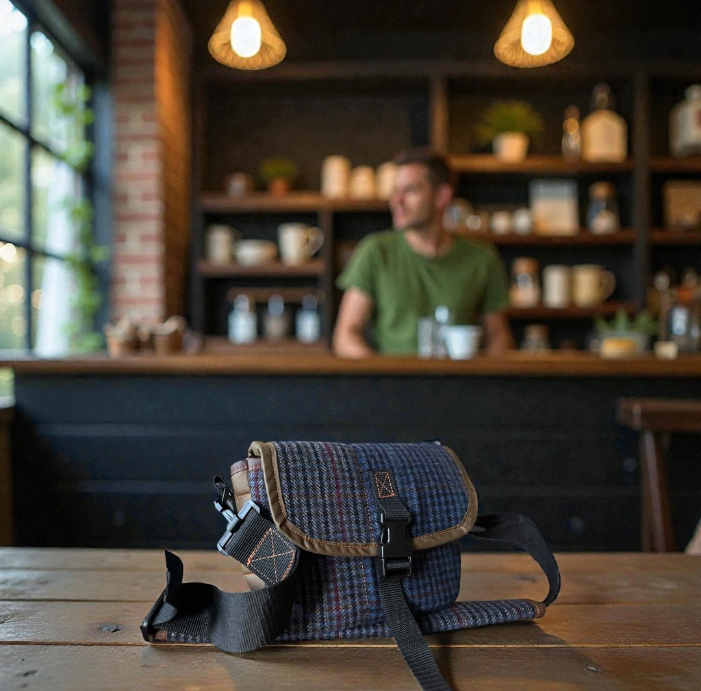 12G Shotgun shell satchel, or doggo walking satchel, one off tweed and waxcotton, padded case
