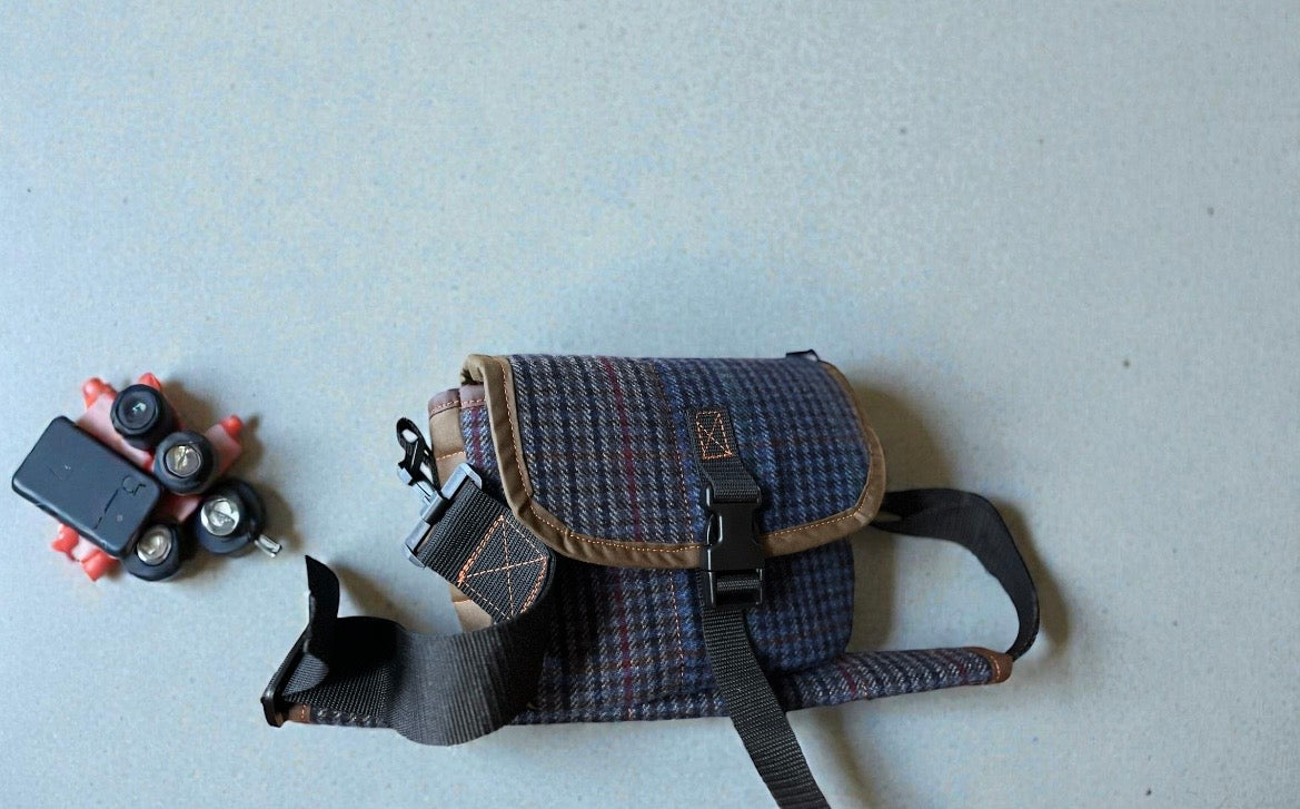 12G Shotgun shell satchel, or doggo walking satchel, one off tweed and waxcotton, padded case
