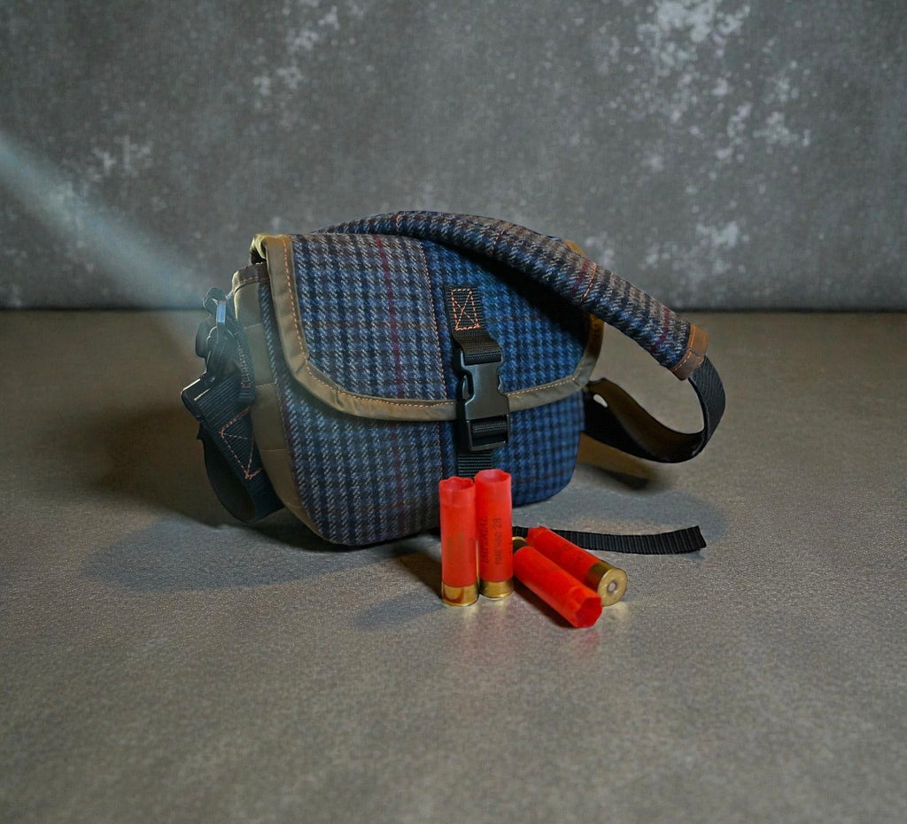 12G Shotgun shell satchel, or doggo walking satchel, one off tweed and waxcotton, padded case
