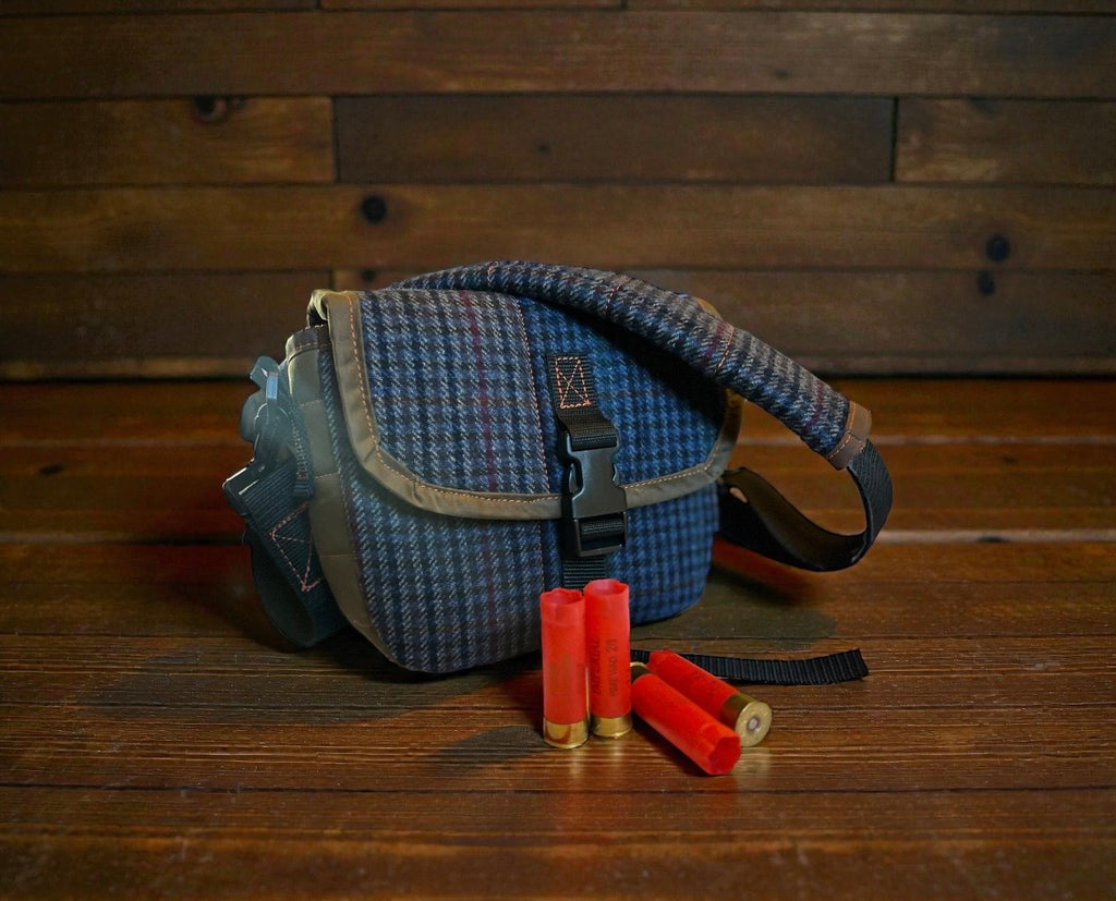 12G Shotgun shell satchel, or doggo walking satchel, one off tweed and waxcotton, padded case