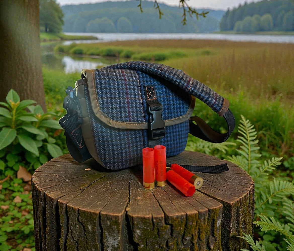 12G Shotgun shell satchel, or doggo walking satchel, one off tweed and waxcotton, padded case