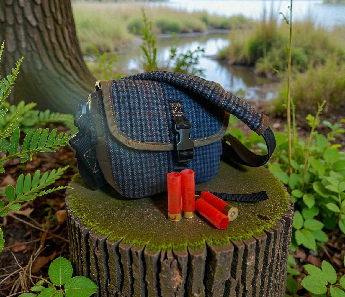 12G Shotgun shell satchel, or doggo walking satchel, one off tweed and waxcotton, padded case