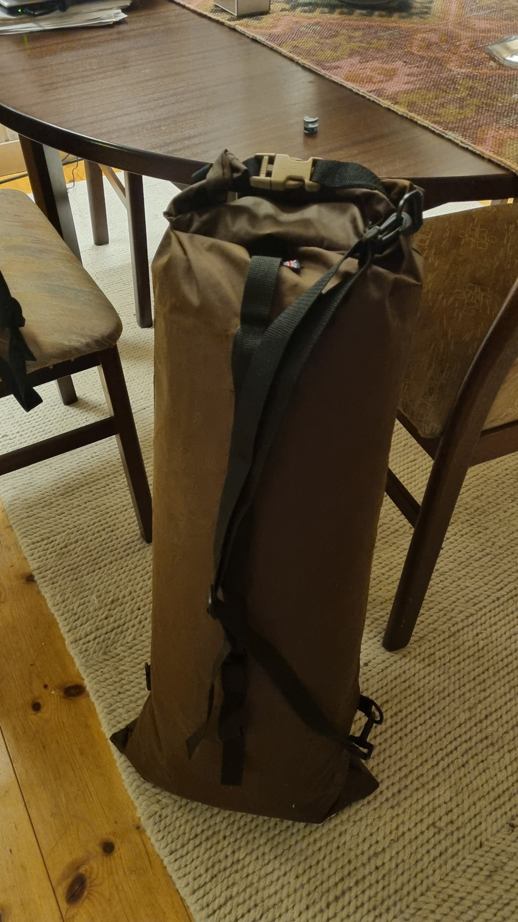 Large roll top wax cotton bags, with sling and gear hoops, made to spec