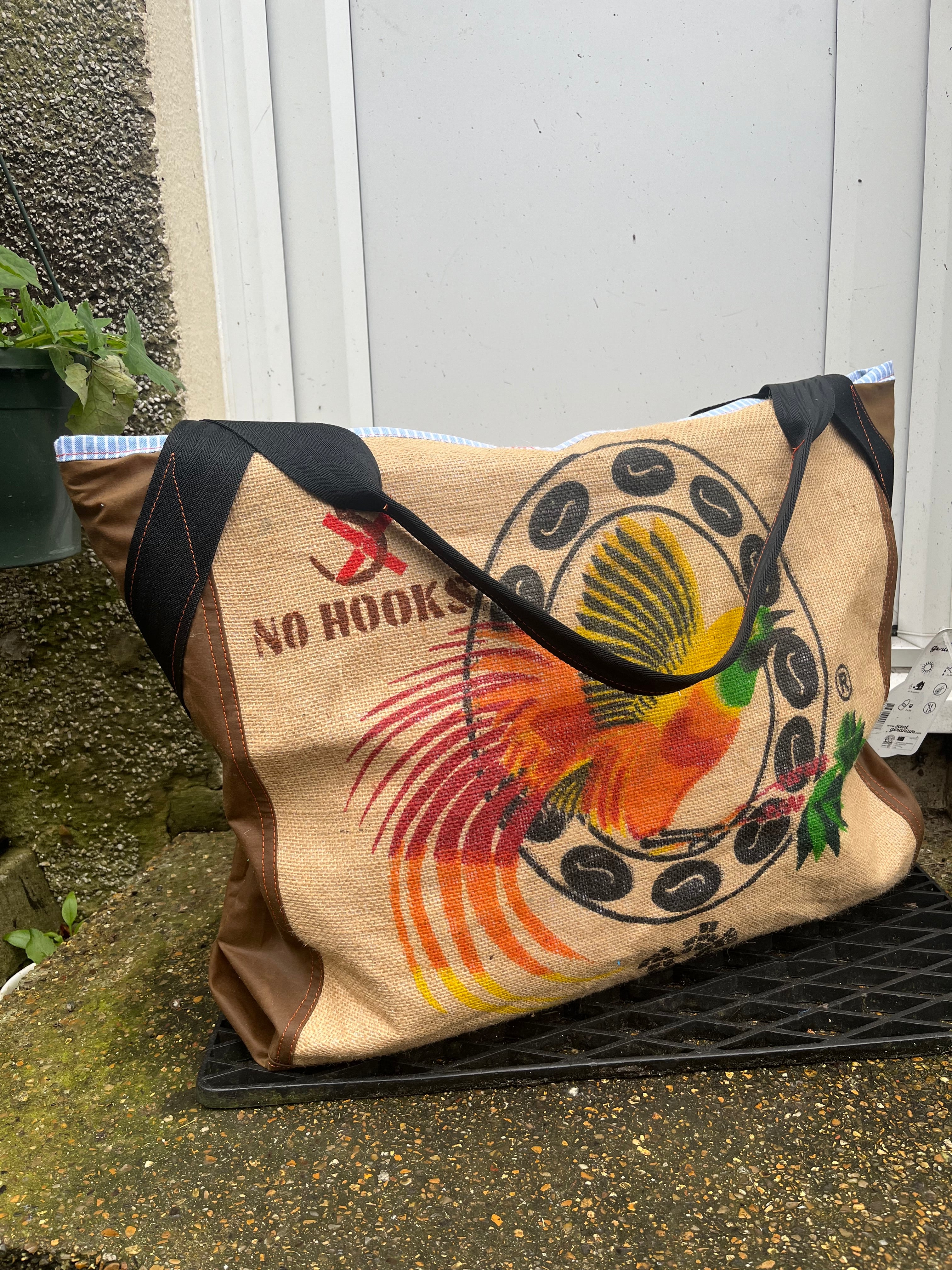 Crazy Bird travel Duffle, jute and wax cotton overnight bag