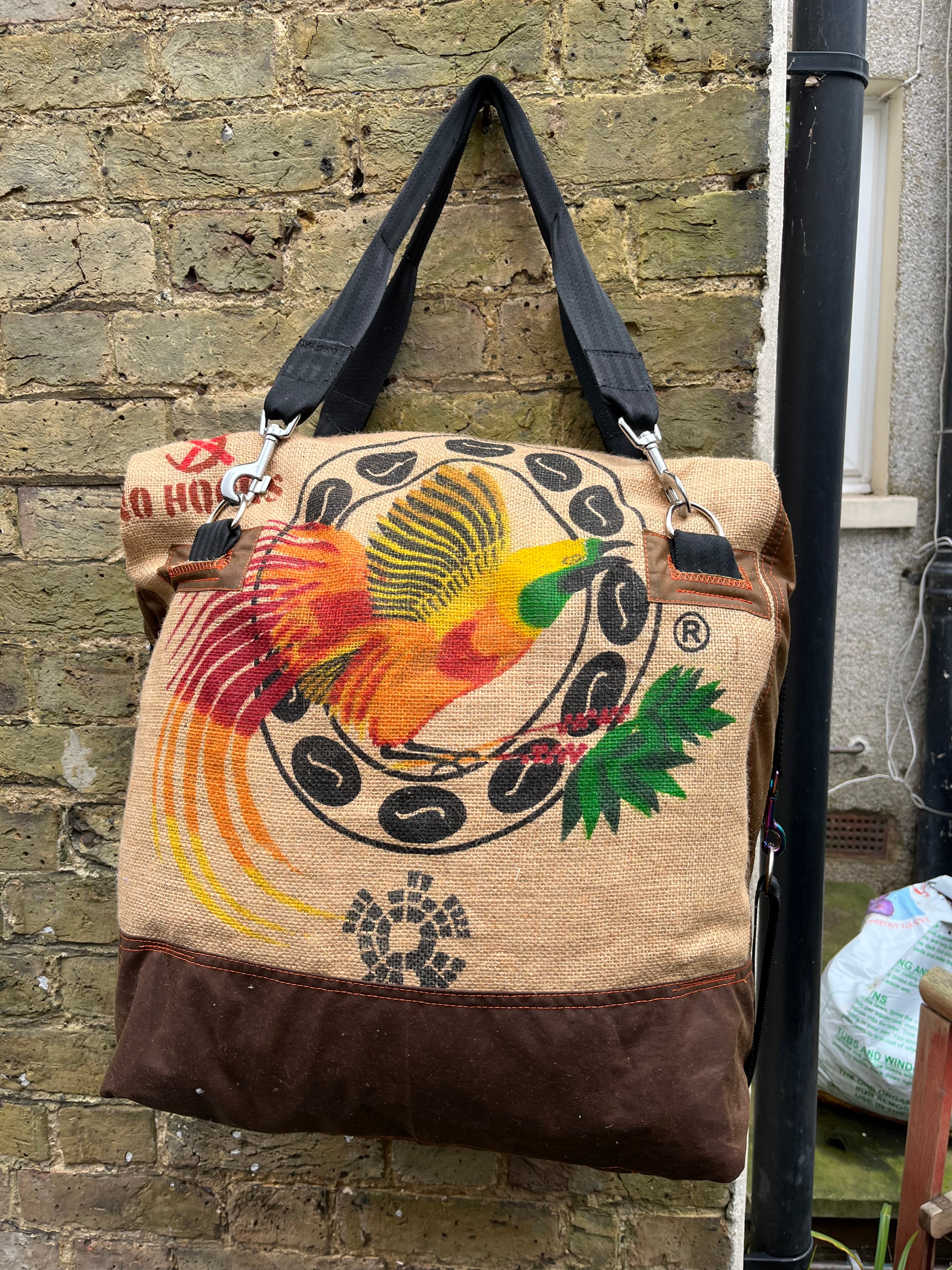 Crazy Bird travel Duffle, jute and wax cotton overnight bag