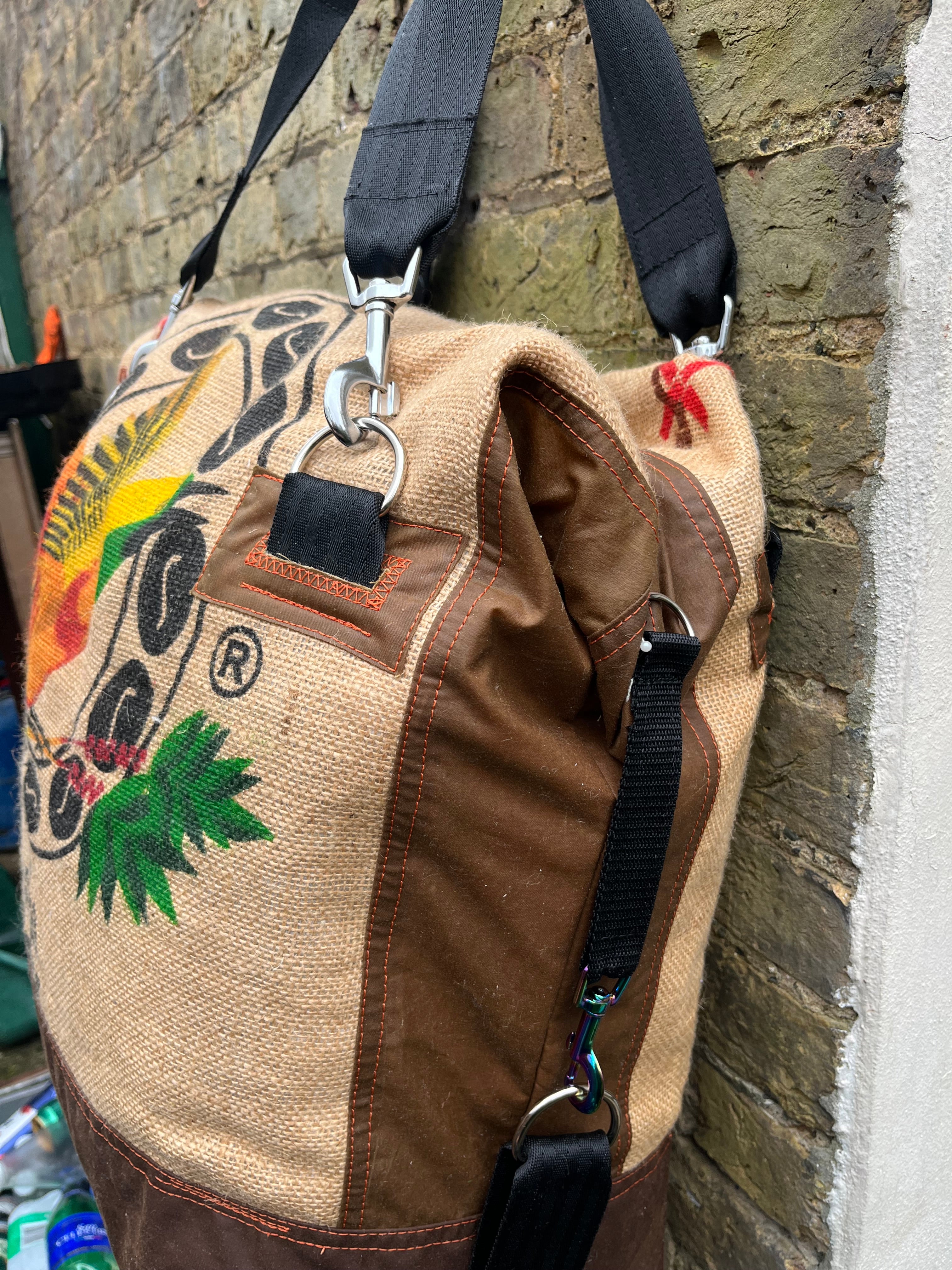 Crazy Bird travel Duffle, jute and wax cotton overnight bag