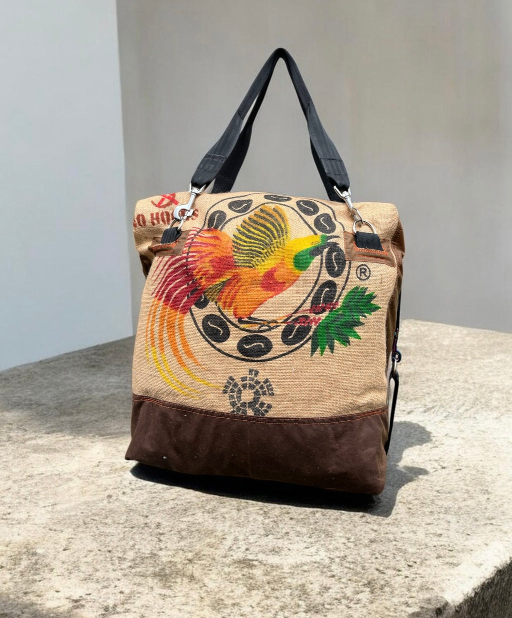 Crazy Bird travel Duffle, jute and wax cotton overnight bag