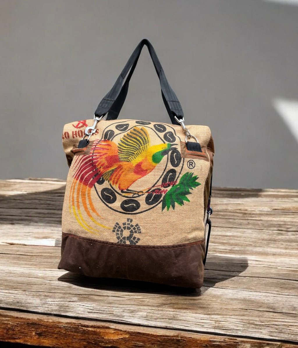 Crazy Bird travel Duffle, jute and wax cotton overnight bag