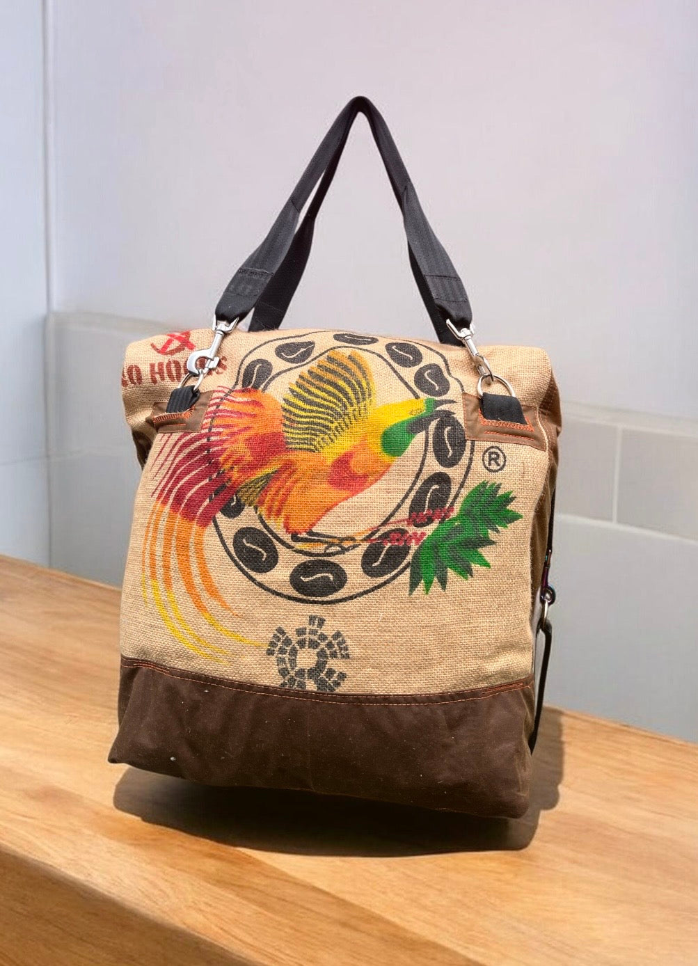 Crazy Bird travel Duffle, jute and wax cotton overnight bag