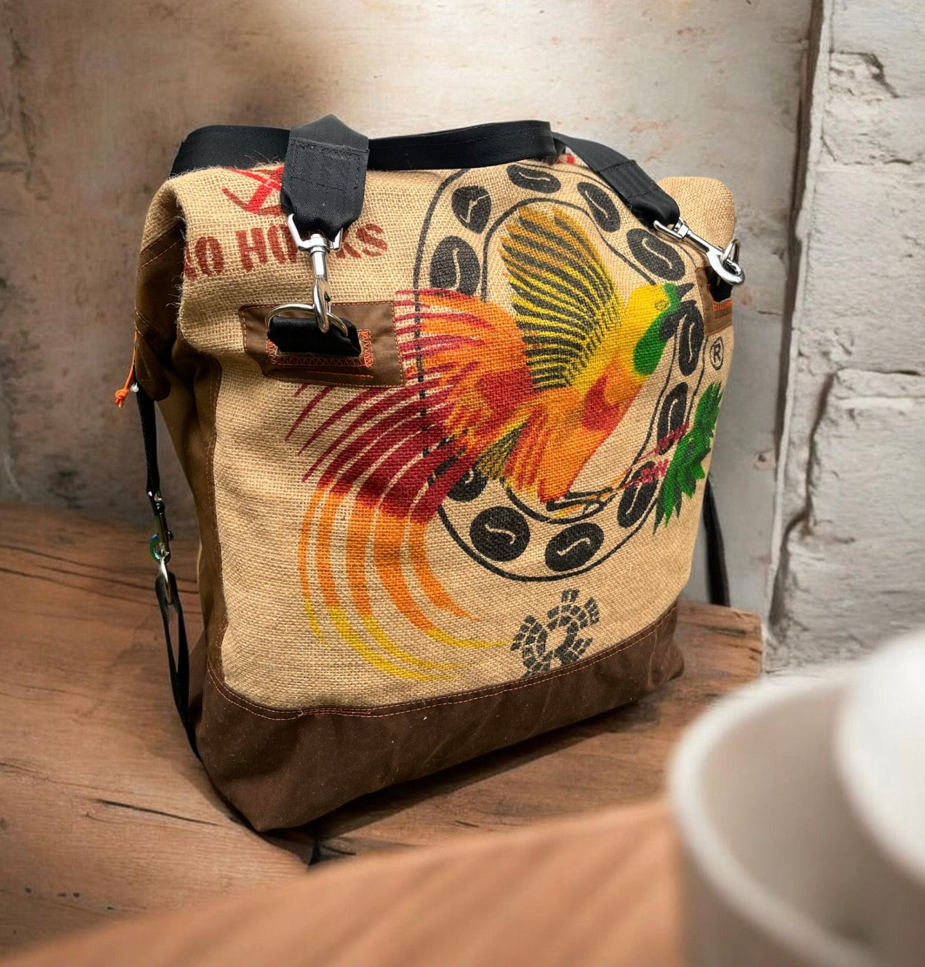 Crazy Bird travel Duffle, jute and wax cotton overnight bag