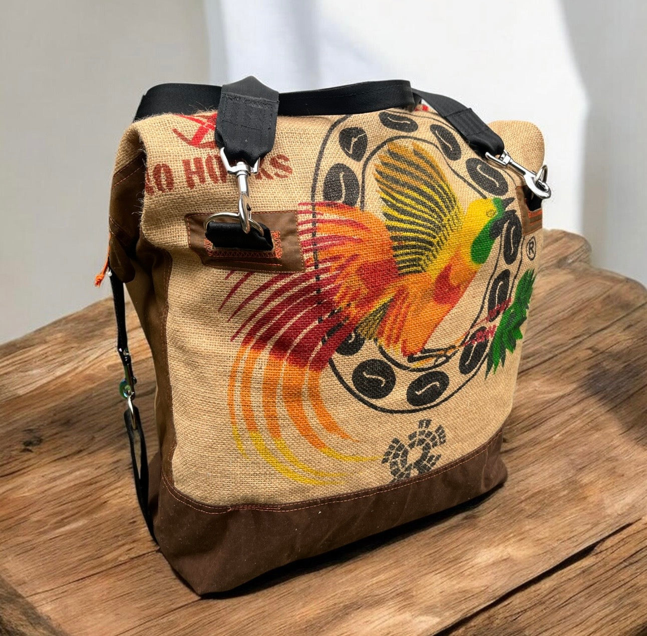 Crazy Bird travel Duffle, jute and wax cotton overnight bag