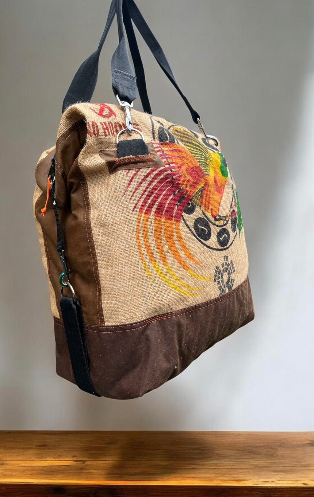 Crazy Bird travel Duffle, jute and wax cotton overnight bag