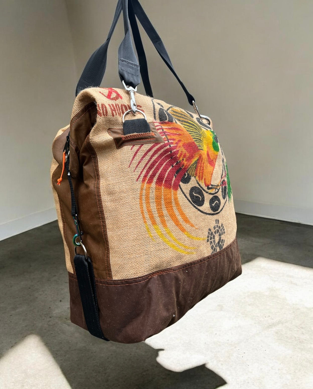 Crazy Bird travel Duffle, jute and wax cotton overnight bag