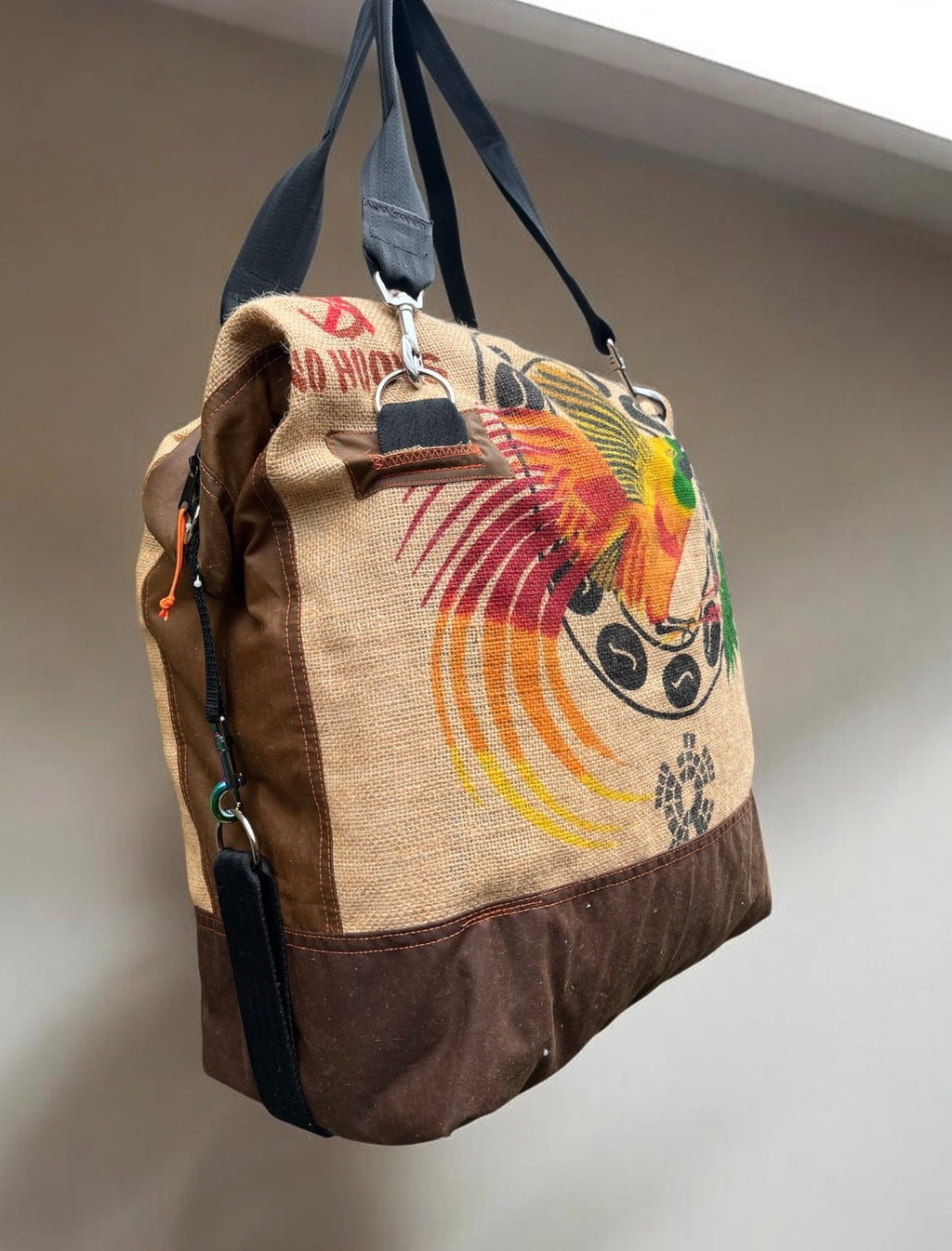 Crazy Bird travel Duffle, jute and wax cotton overnight bag
